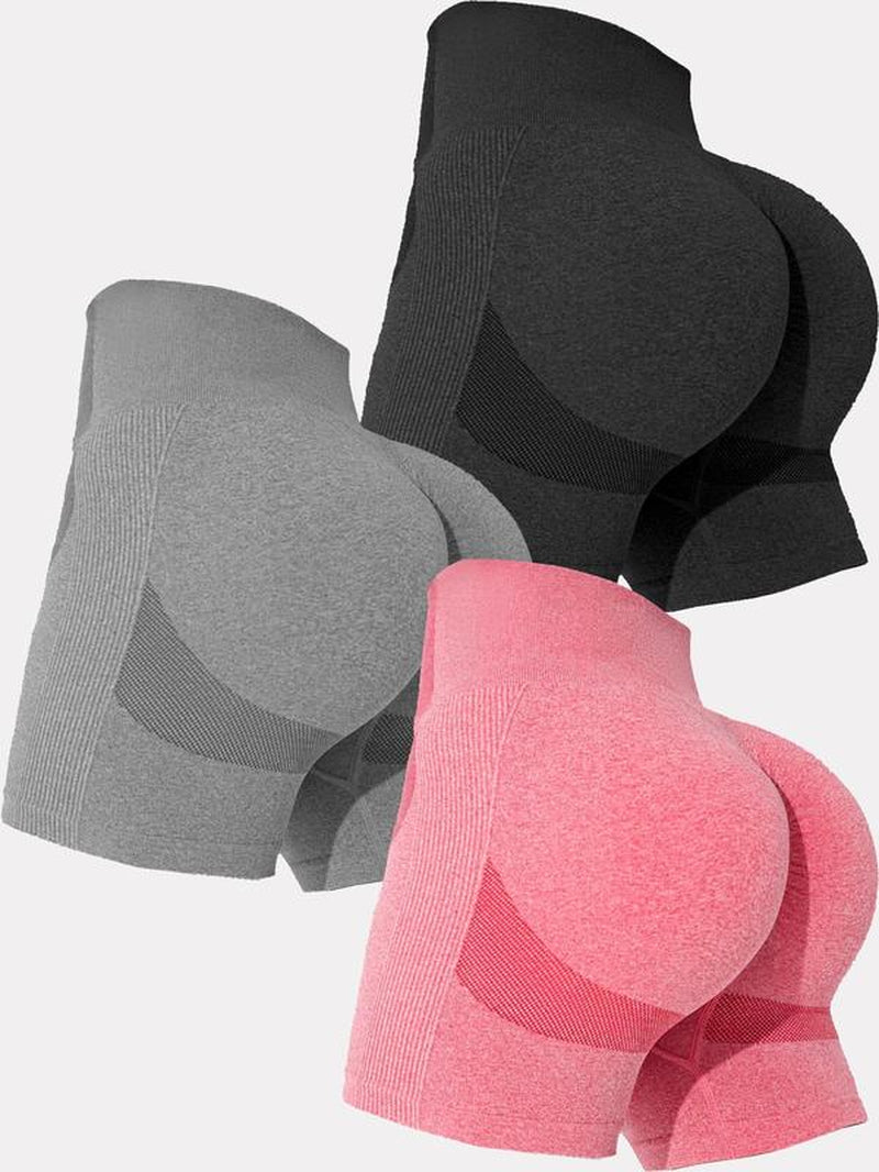 Sporty Women'S Plain High Waist Sports Skinny Jacquard Knits Gym Shorts, 1/3/6 Piece Set Tight-Fitting High Stretch Seamless Breathable Comfy Shorts, Ladies Sportswear Clothing for Gym Workout Running Yoga